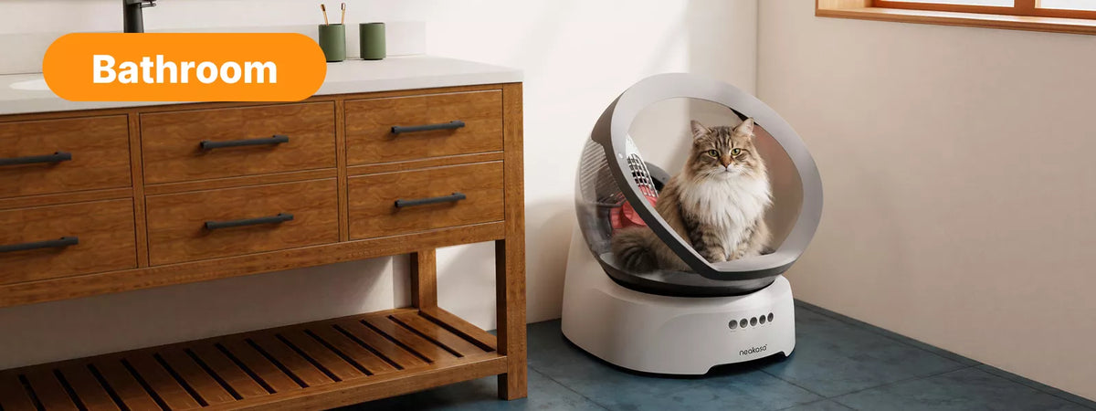 Neakasa M9 automatic cat litter box in a bathroom.