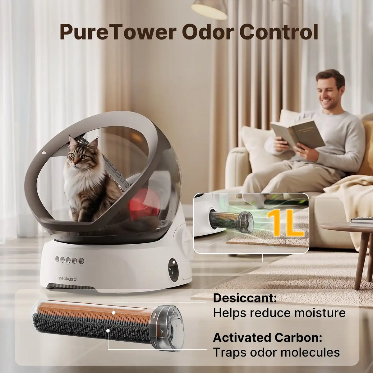 Neakasa M9 litter box with PureTower odour control, showing activated carbon to trap odours and desiccant to reduce moisture.