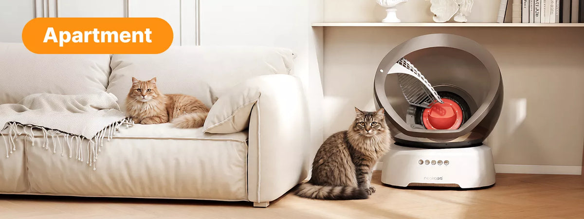 Neakasa M9 automatic cat litter box beside a sofa in an apartment.