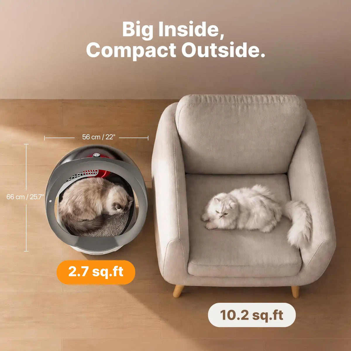 Neakasa M9 automatic litter box with a compact exterior and spacious interior, shown with a cat inside