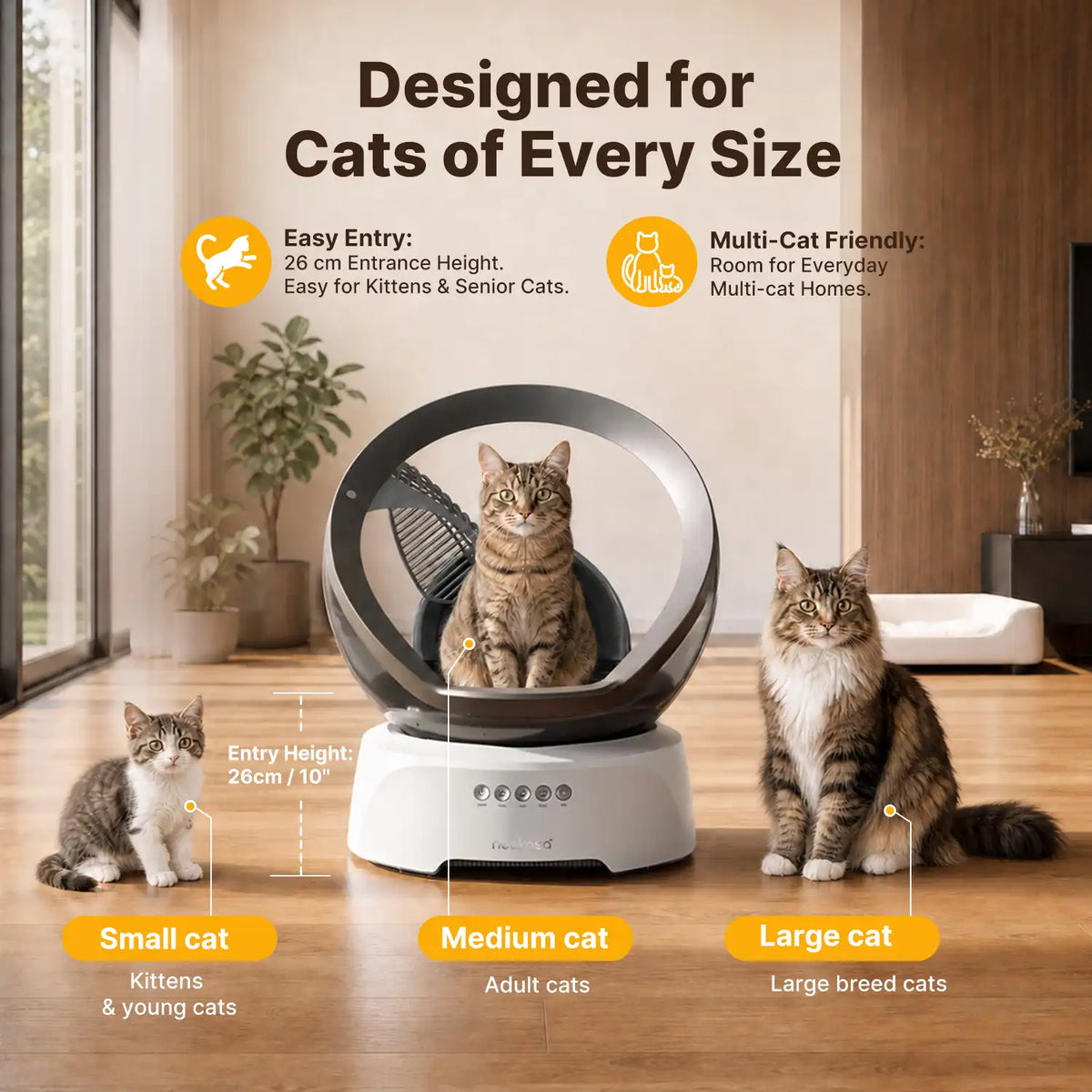 Neakasa M9 automatic litter box with a 26 cm entry height, shown with small, medium and large cats
